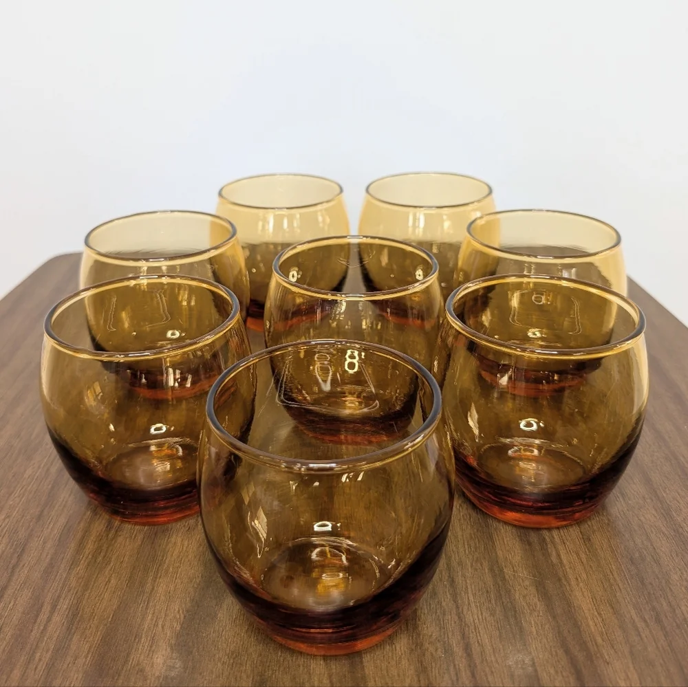 Set Of 8 Vintage 60s 70s MCM Amber Color Roly Poly Glasses Whiskey Stemless Wine